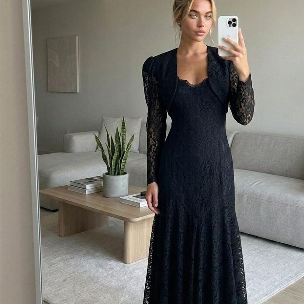 Gunne Sax Women's Black Lace Formal Dress With Bolero